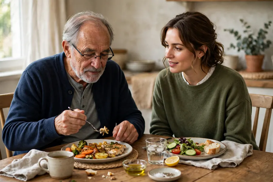 An adult daughter sitting beside her father at a dining table at home, talking gently with him during a meal