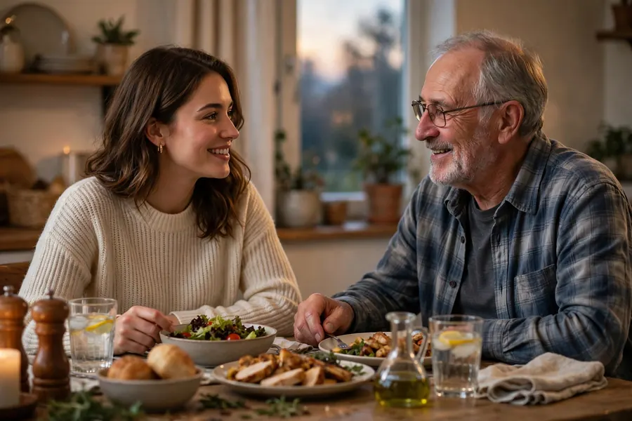 An adult daughter sitting at a dining table talking with her older father over a meal at home