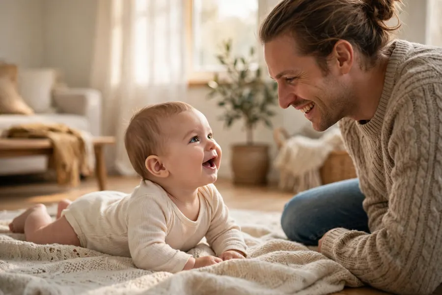 A baby on a blanket during tummy time, lifting their head and babbling happily towards a parent