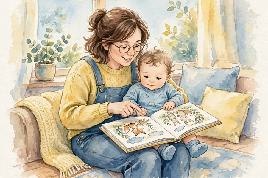 A parent sharing a picture book with a baby, pointing at a picture together