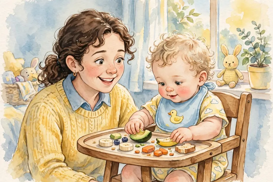 A smiling parent sitting beside a baby who is exploring pieces of food on a highchair tray