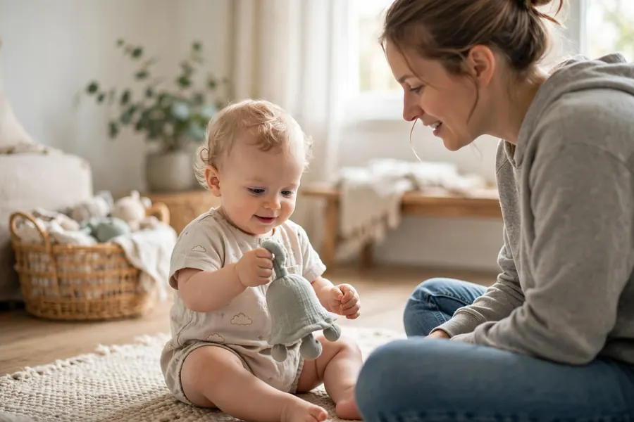A baby sitting on the floor at home playing with a soft rattle while a parent sits nearby and talks with them