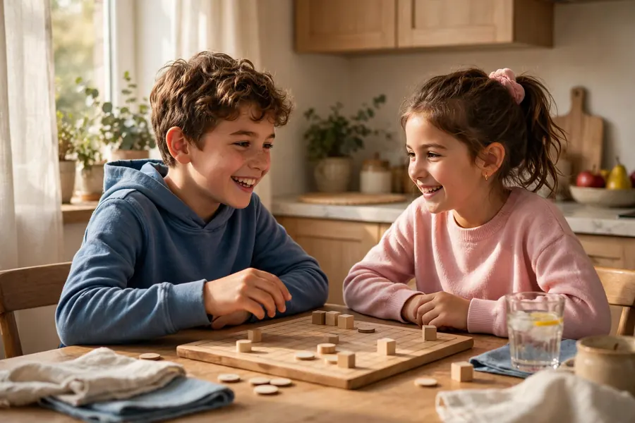 A child and a friend taking turns with a board game at the kitchen table at home