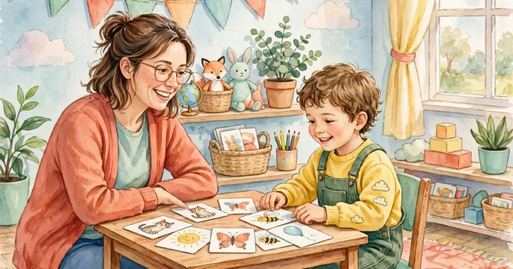 A speech and language therapist and a young child sitting at a table, practising speech sounds together with picture cards