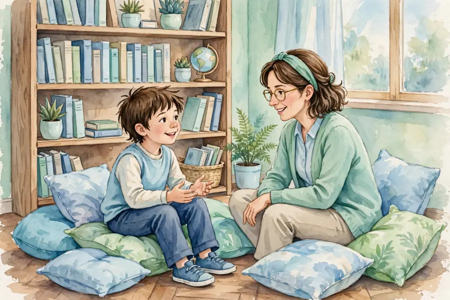 A school-age child talking with a teacher beside a classroom bookshelf