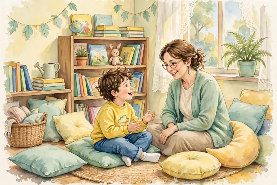 A child talking with a kind teacher in a calm, colourful classroom corner