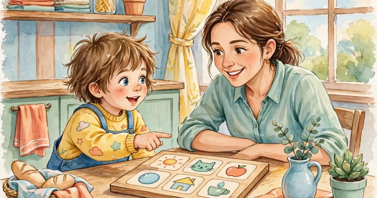 A child pointing to a picture on a simple communication board at the kitchen table while a parent smiles beside them
