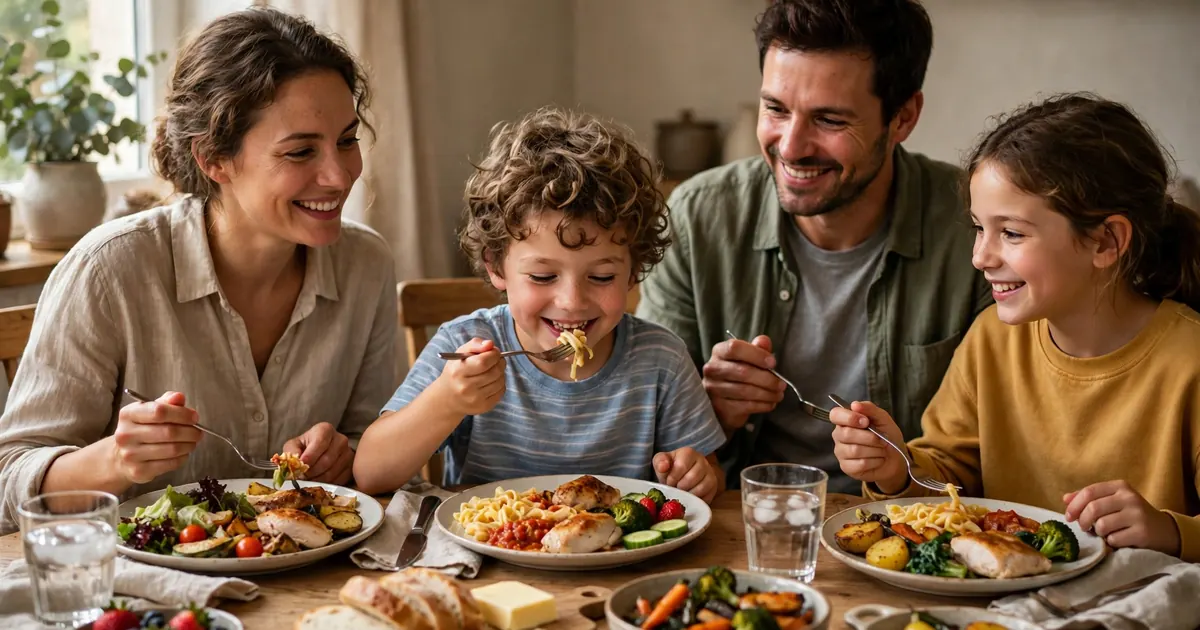 A young child sitting at a family table at home, happily eating a plate of favourite foods while the family eats together