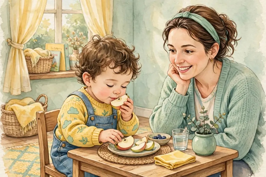 A young child curiously touching and smelling a piece of fruit at a snack table while a parent smiles nearby