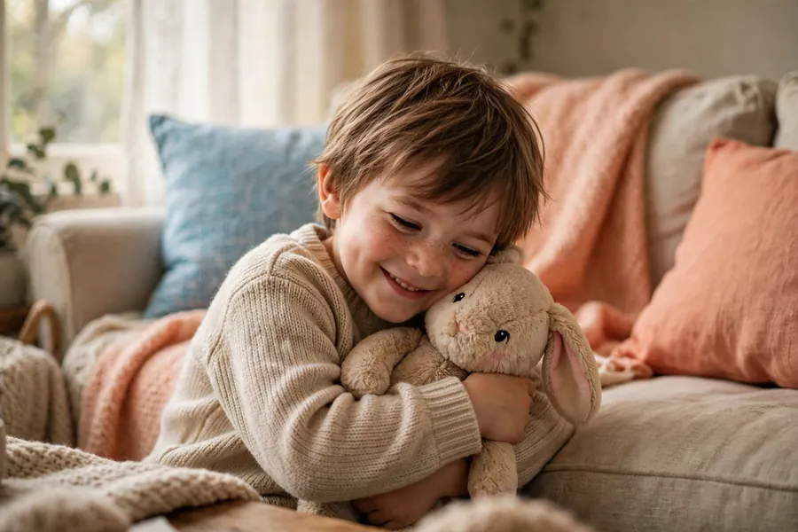 A young child cuddling a favourite soft toy at home, relaxed and smiling
