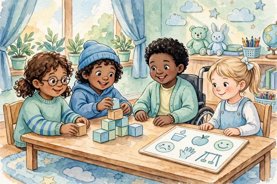 A child joining classmates in play at school, with a picture communication board close by