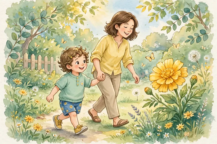 A child leading a parent by the hand to show them something interesting in the garden