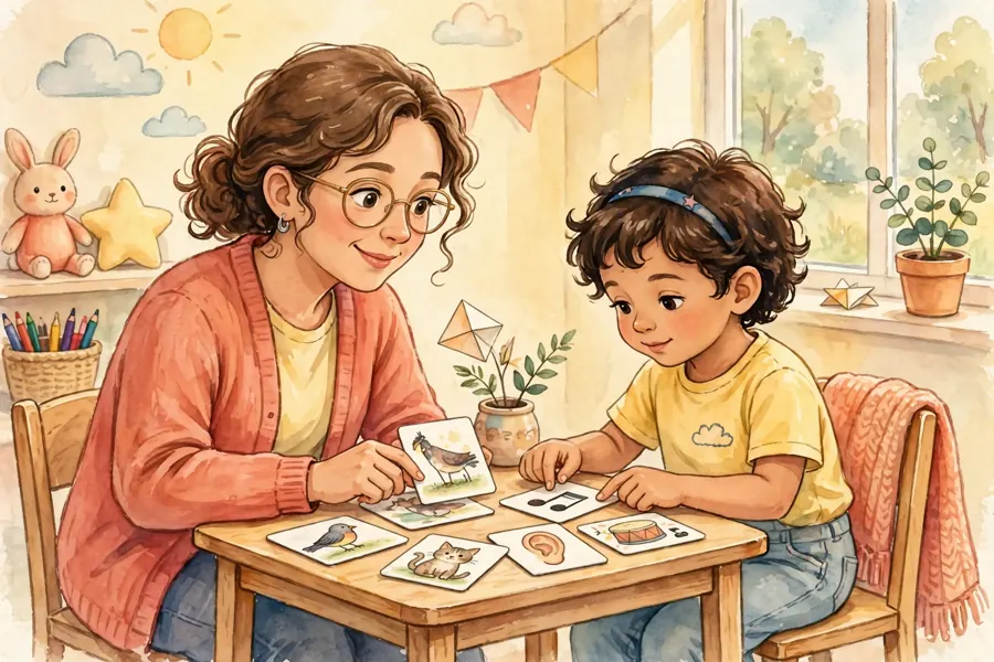 A speech and language therapist playing a listening game with a child using simple picture cards