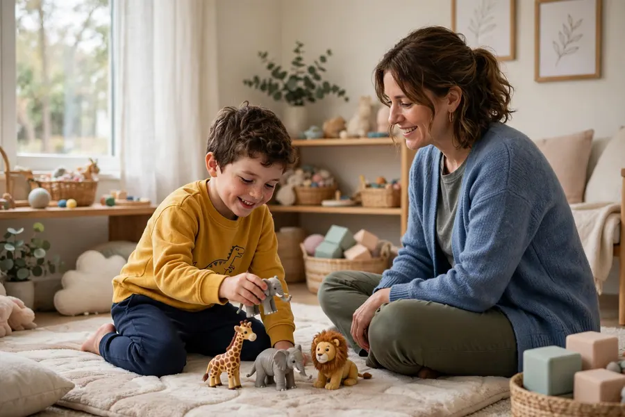 A young child playing with toy animals on the floor while a speech and language therapist joins in and listens