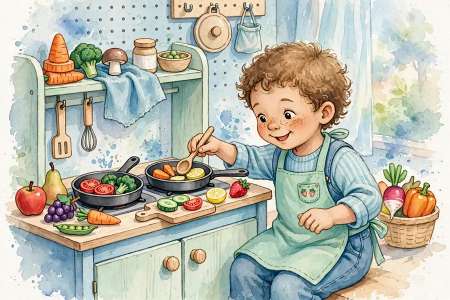 A child playing happily with toy fruit and vegetables in a pretend play kitchen