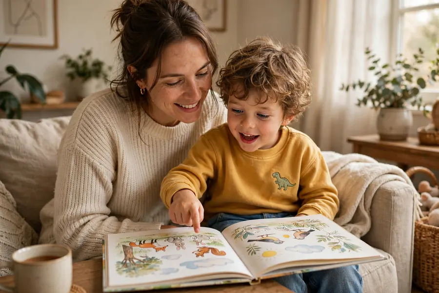 A parent and child looking at a picture book together, the child pointing and naming what they see