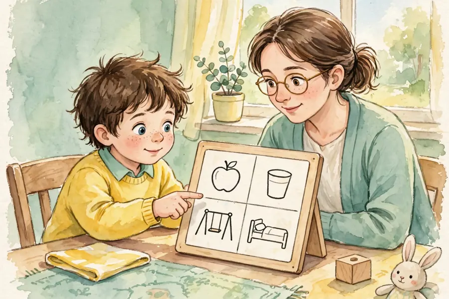 A child pointing to a picture on a communication board to share a message with an adult