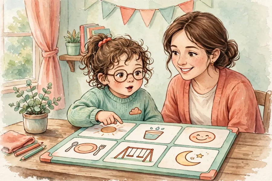A child pointing to a picture on a simple communication board while a smiling parent looks on