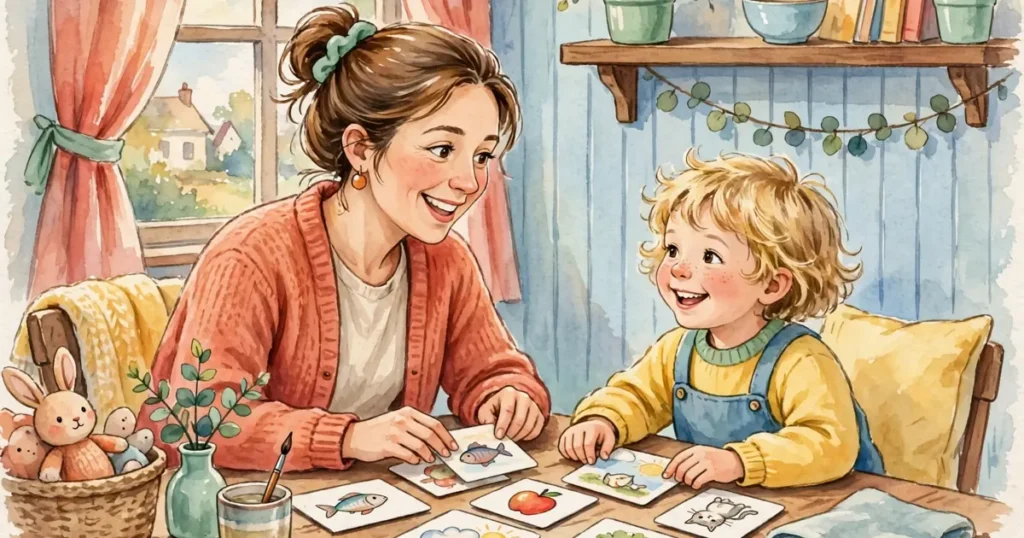 A parent and young child sitting at a table at home, looking at picture cards together and practising words