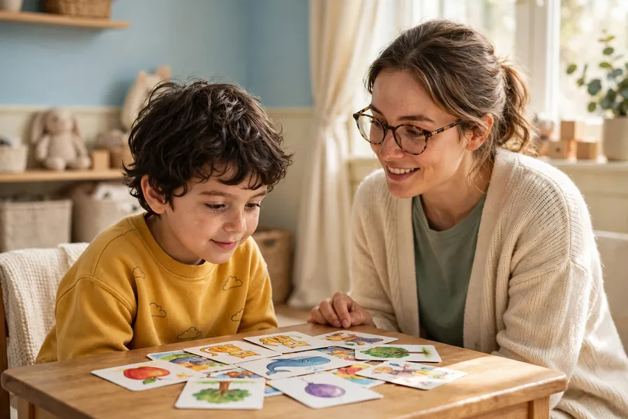 A child looking at picture cards with a therapist during a therapy session
