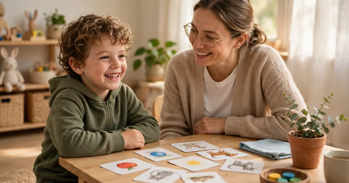 A young child smiling as they practise speech sounds with a speech and language therapist at a bright table with picture cards