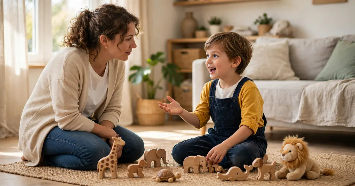 A young child playing with toy animals at home, happily repeating a favourite phrase while a parent listens nearby