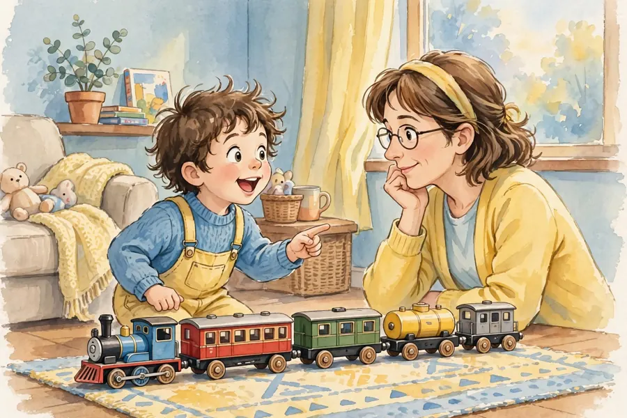 A child showing a parent a favourite collection of toy trains, talking excitedly about them