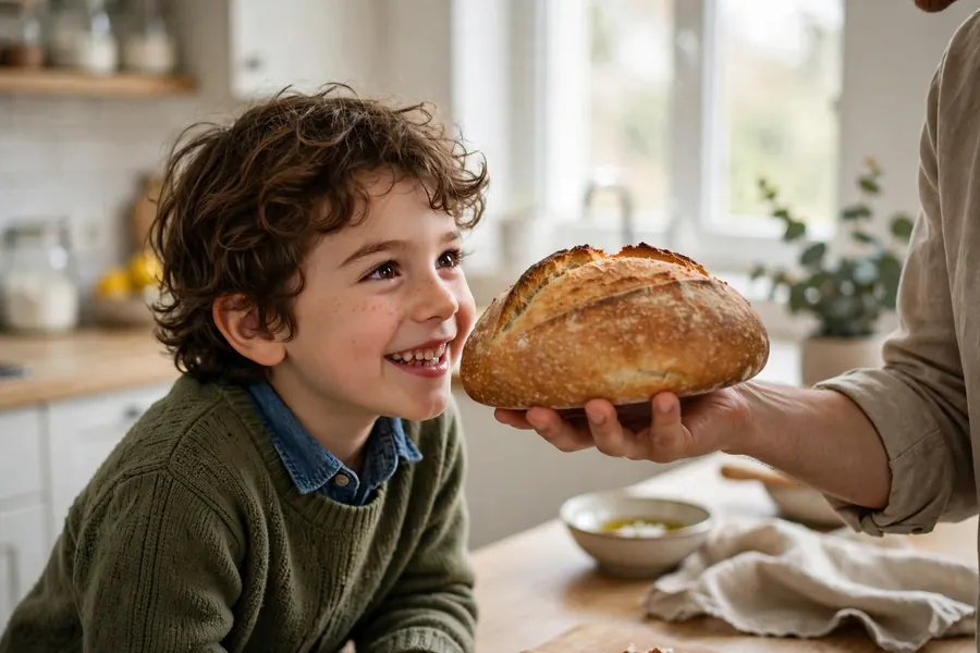 A young child in a bright kitchen at home, smiling as they smell a freshly baked loaf of bread held by a parent