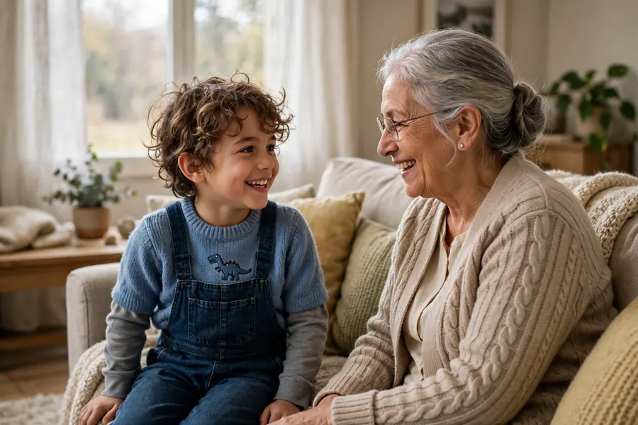 A young child chatting confidently with their grandmother on a sofa at home