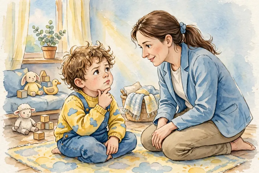 A young child concentrating as they try to say a word while playing with a parent