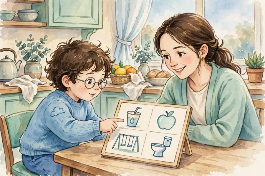 A child pointing to a picture on a simple communication board while a parent watches and smiles