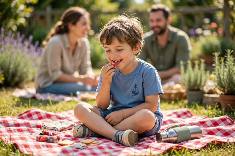 A young child sitting on a picnic blanket in a sunny garden, enjoying a favourite snack