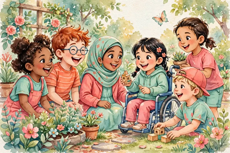 A group of children chatting and laughing together while playing in a garden