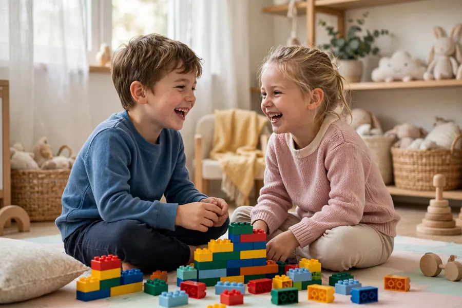 Two young children chatting and laughing together while playing with building bricks