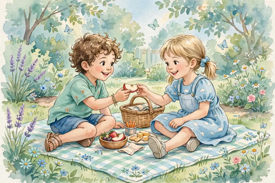 Two children enjoying snacks together on a picnic blanket in a sunny garden