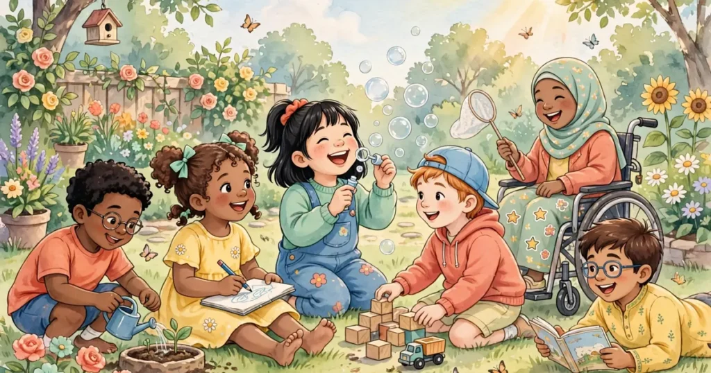 A diverse group of children playing and chatting together happily in a sunny garden