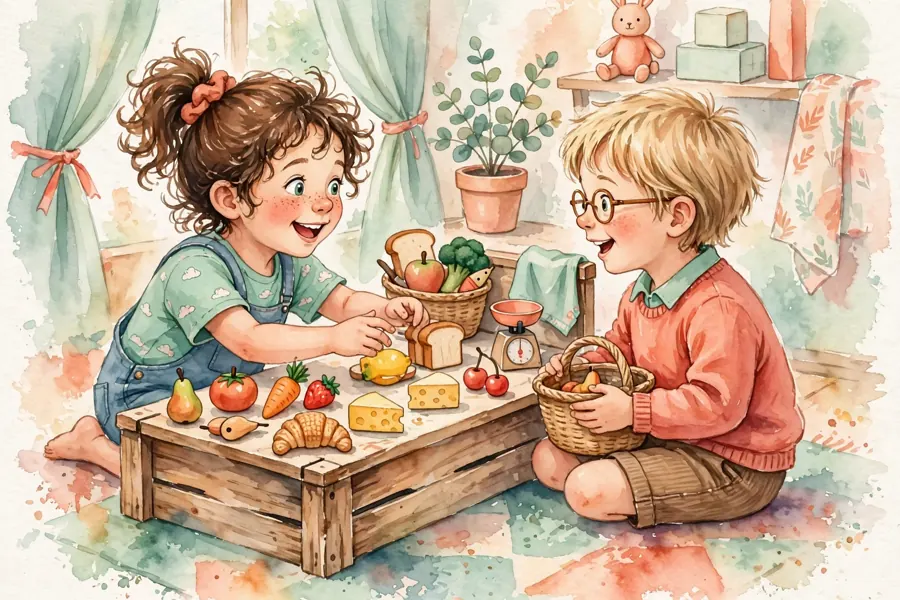 Two young children playing a pretend shopping game together with toy food and a basket
