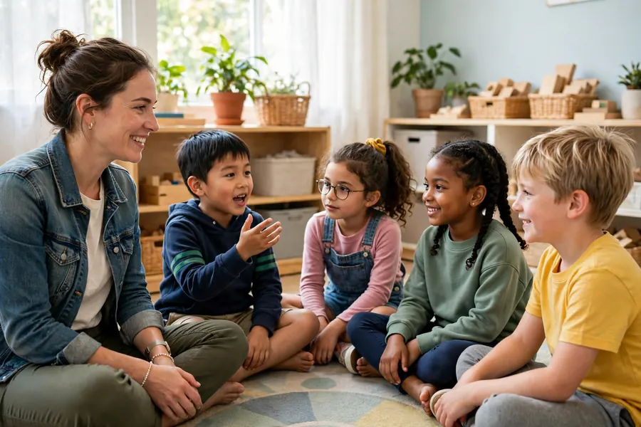 A small group of children in a classroom taking turns to talk and listen during a circle-time activity