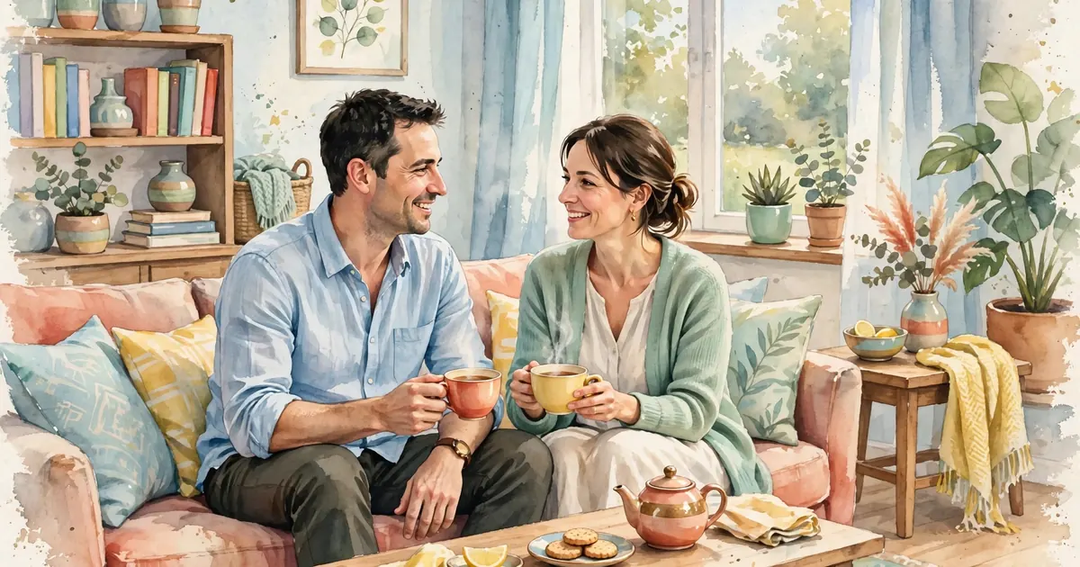 A couple chatting together on a sofa in a bright living room at home