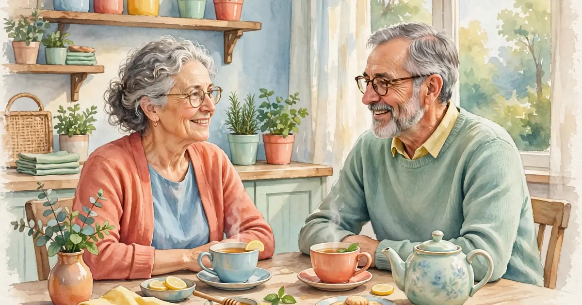 A couple sitting at a table at home, chatting together over cups of tea