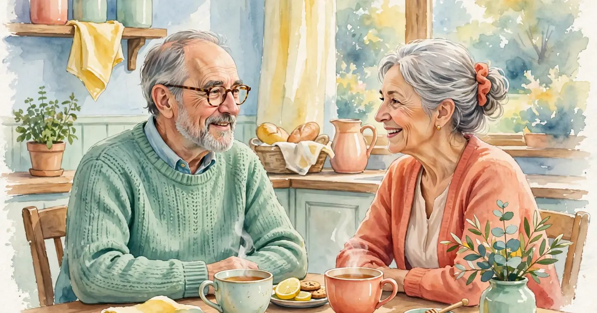 An older couple chatting together over cups of tea at a kitchen table at home