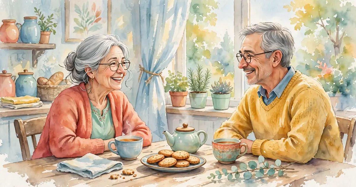A couple sitting at a kitchen table at home, chatting together over cups of tea