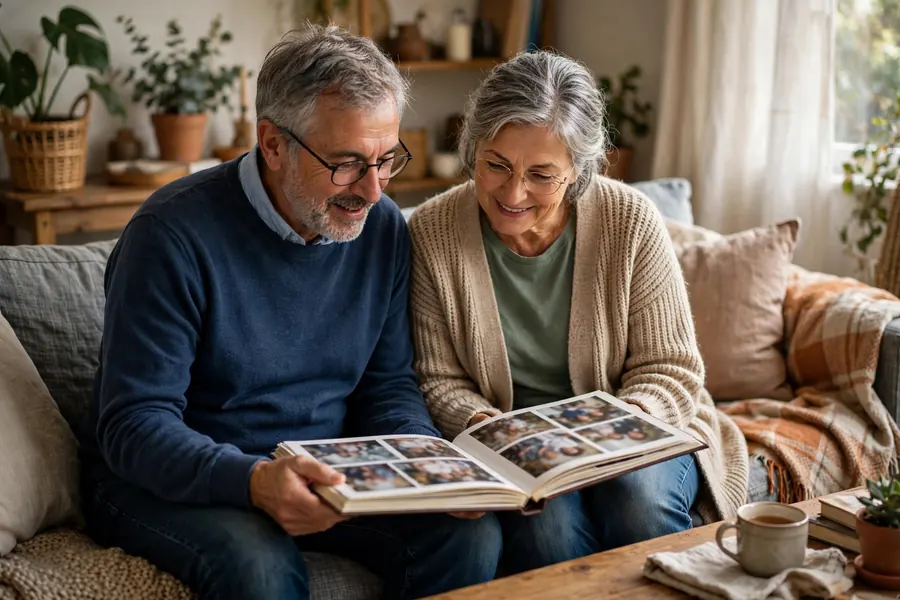 A couple sitting on a sofa at home looking through family photographs together and talking