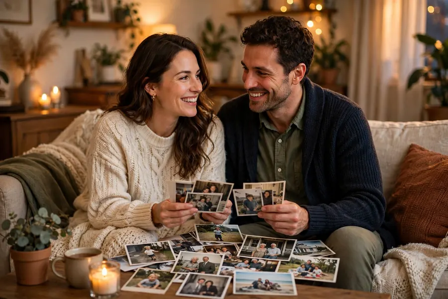 A couple sitting on a sofa at home looking through family photographs together