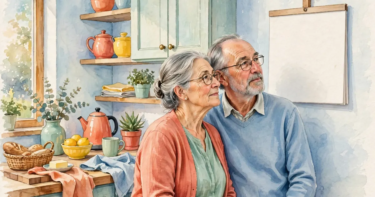 An older couple standing together at home, looking at a large wall calendar in a bright kitchen