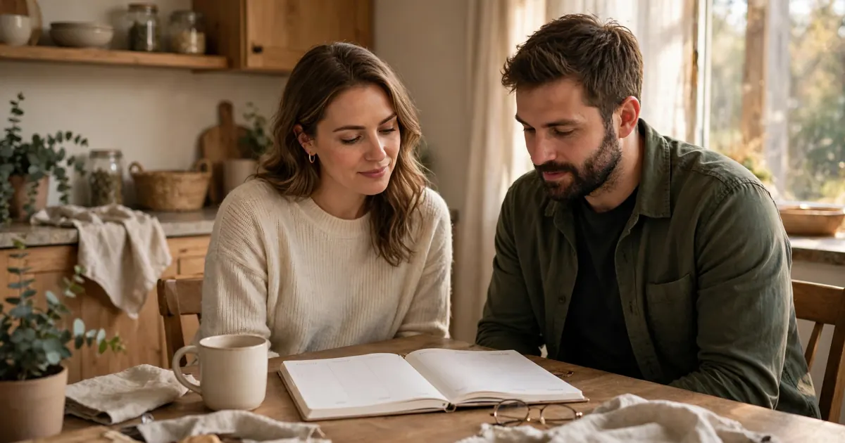 A couple sitting together at a kitchen table at home, looking at a weekly planner