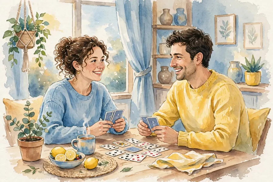 A couple playing a simple card game together at a table at home, both smiling
