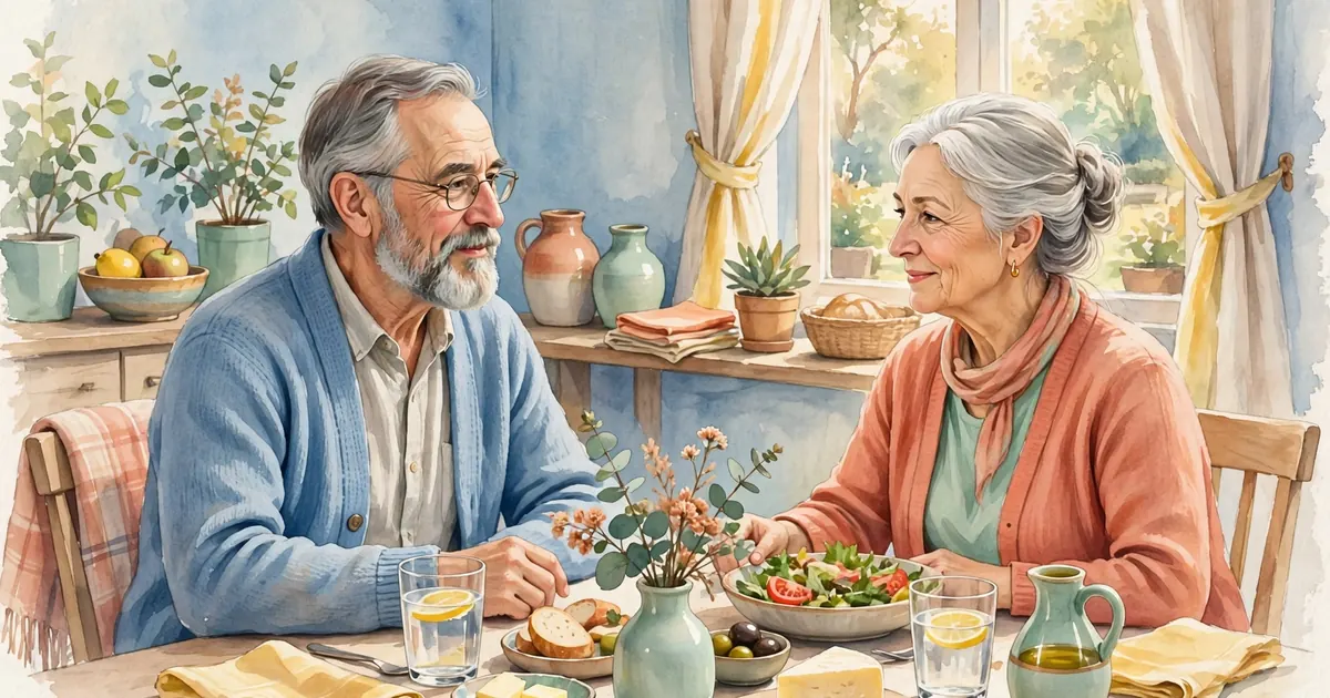 An older couple sharing a gentle meal together at a table at home, calm and smiling