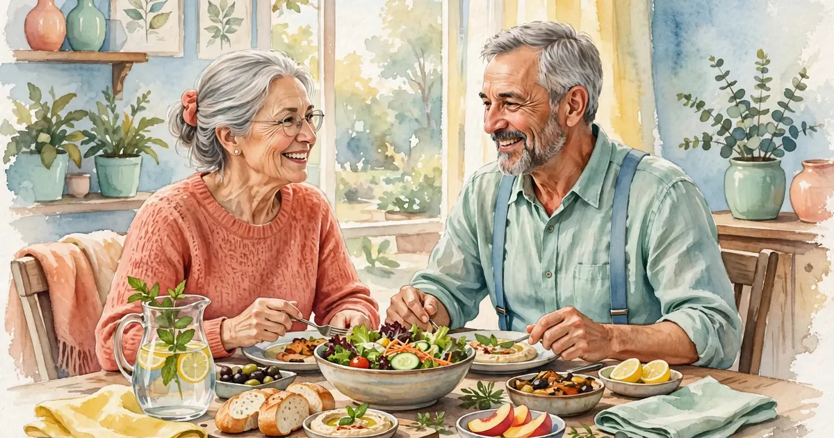 An older couple sitting together at a dining table at home, sharing a meal and talking