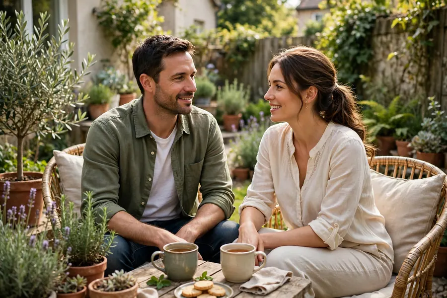 A couple sitting together in a sunny garden at home, resting with cups of tea and chatting unhurriedly
